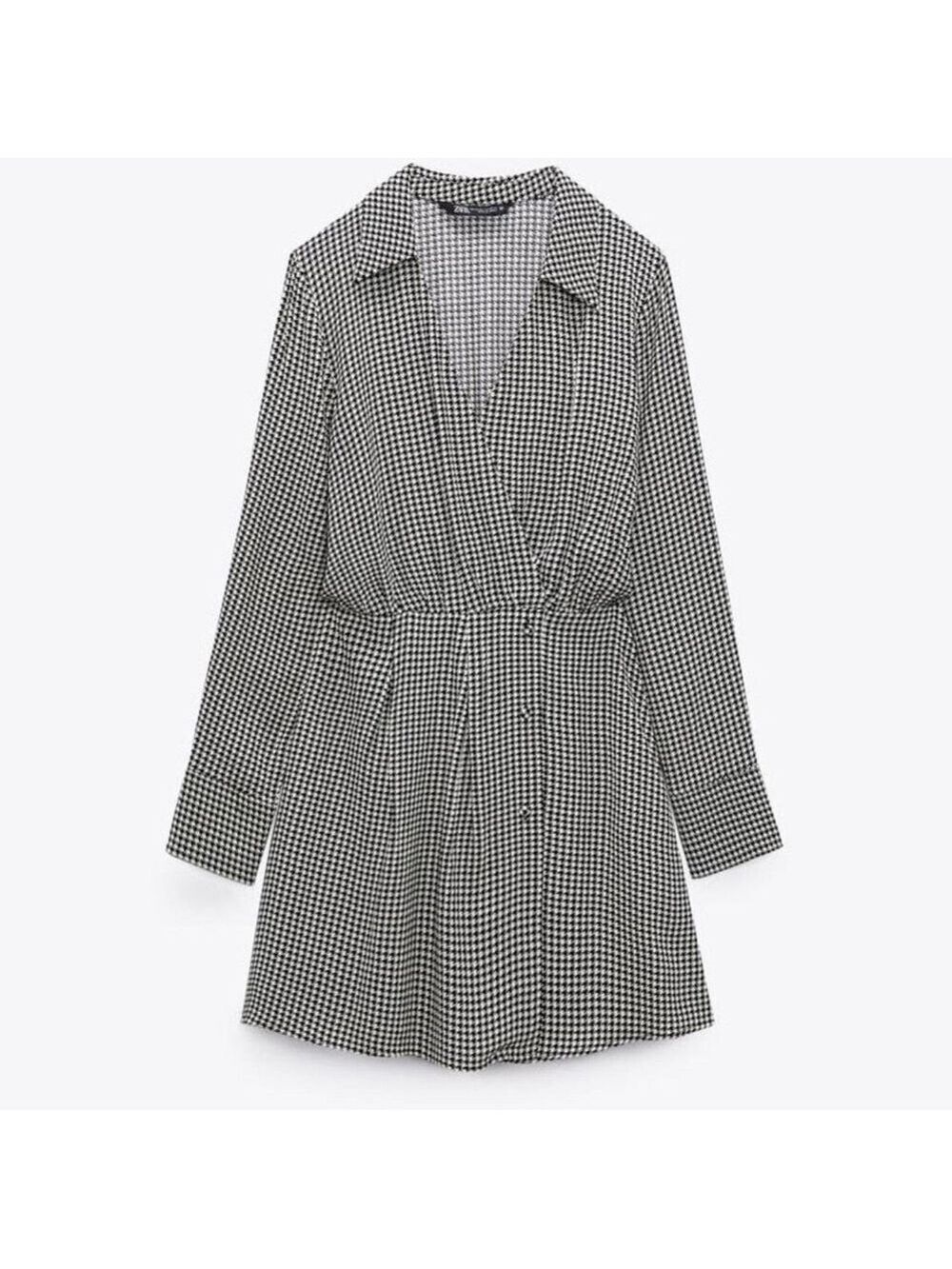 Zara black white houndstooth wrap mini shirt dress S long sleeve V-neck classy